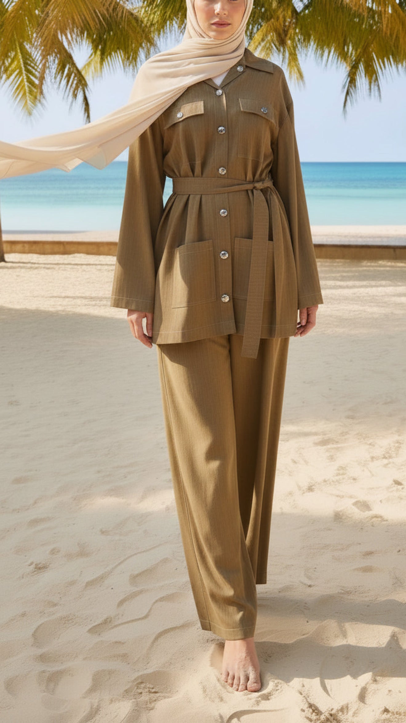 Summer Brown Button-Down Multi Pocket Pant Suit with Belt