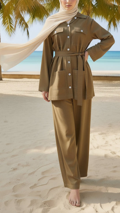 Summer Brown Button-Down Multi Pocket Pant Suit with Belt