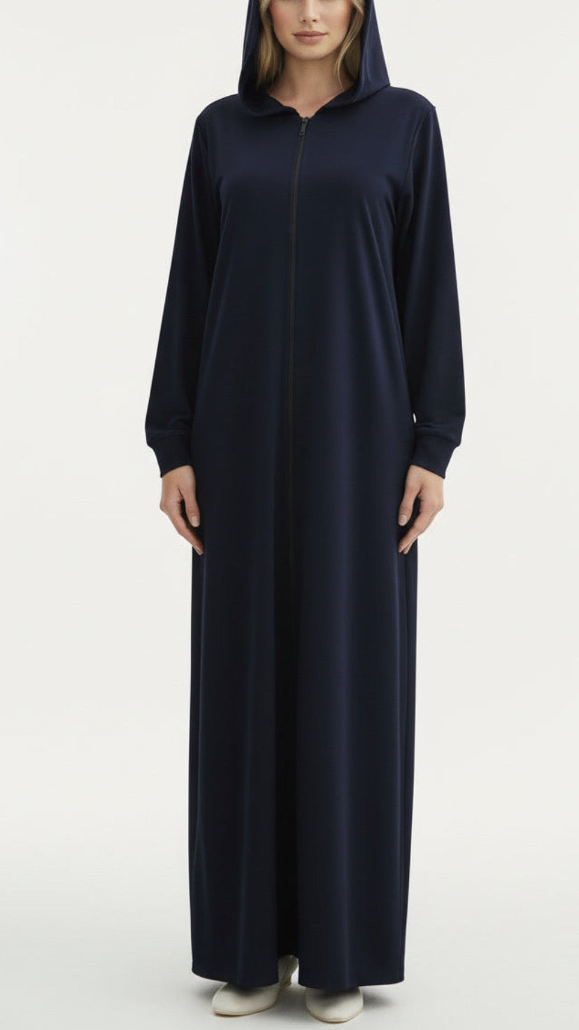 Navy Turkish Style Zipper Hoodie Abaya Dress