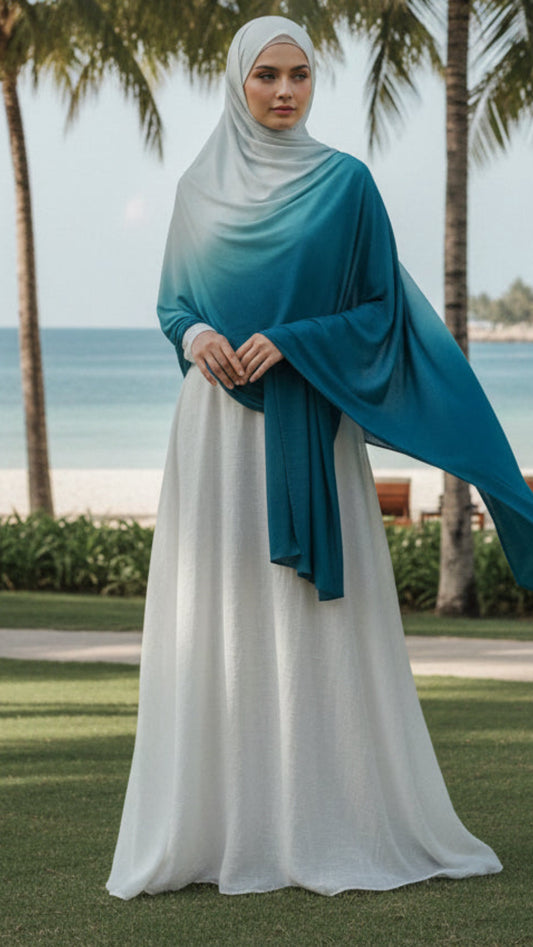Cream & Turquoise Ombré Double Sided Jersey Cotton Hijab