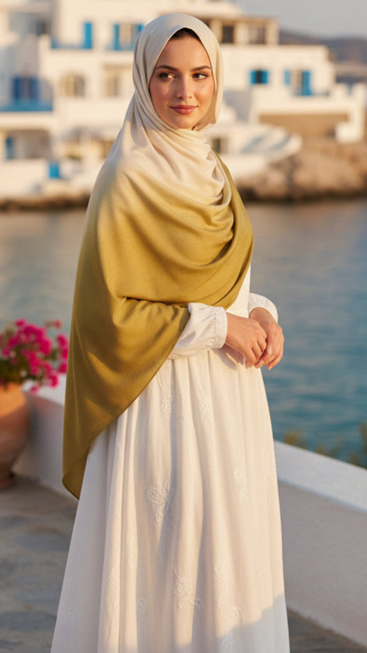 Cream & Avocado Green Ombré Double Sided Jersey Cotton Hijab
