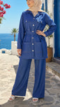 Summer Dark Blue Button-Down Multi Pocket Pant Suit with Belt