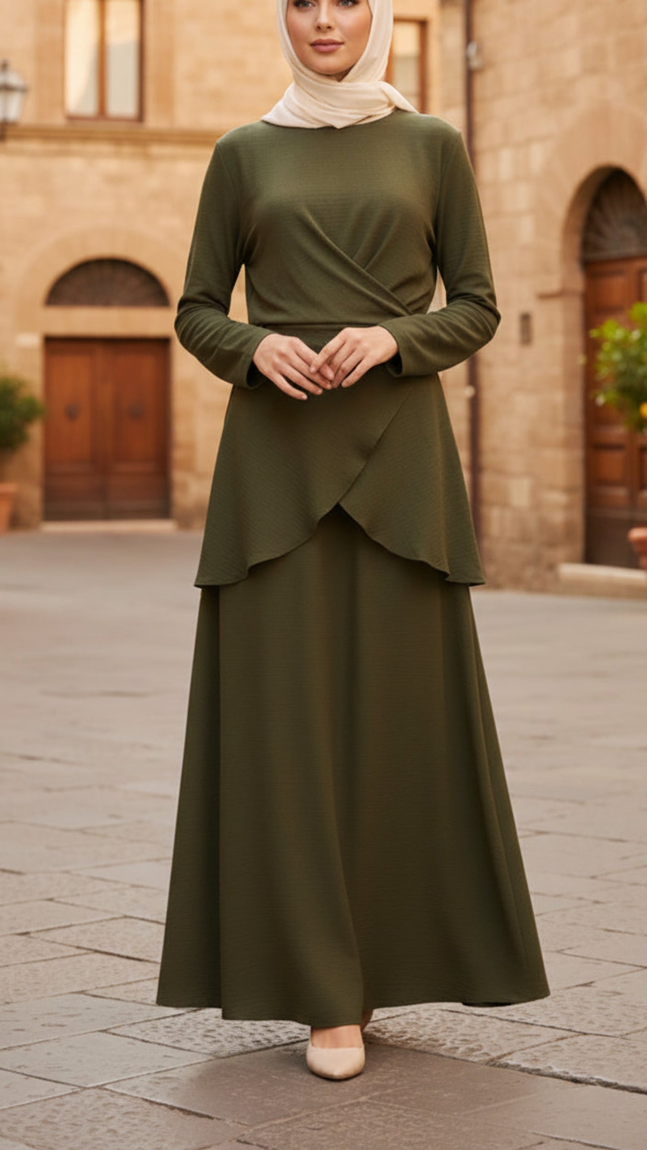 Green Wrap Style Skirt Set