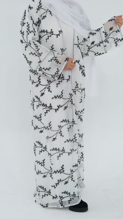 Dubai Style Embroidered 2 Piece White Abaya