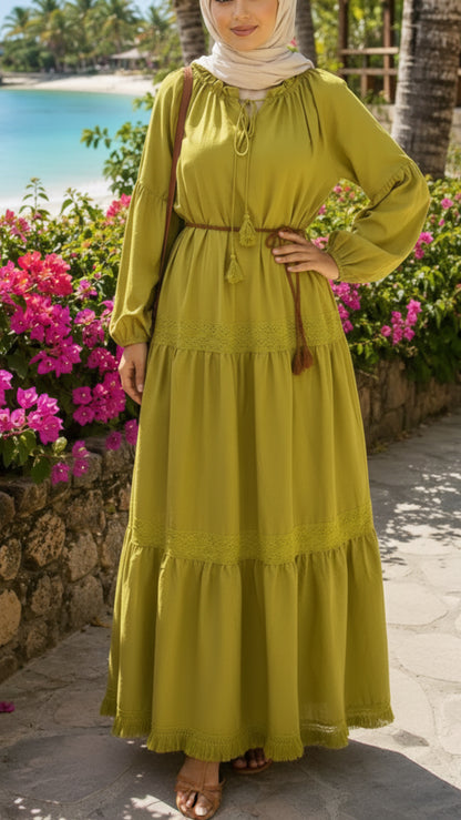 Summer Lime Cotton Lace Fringe Dress