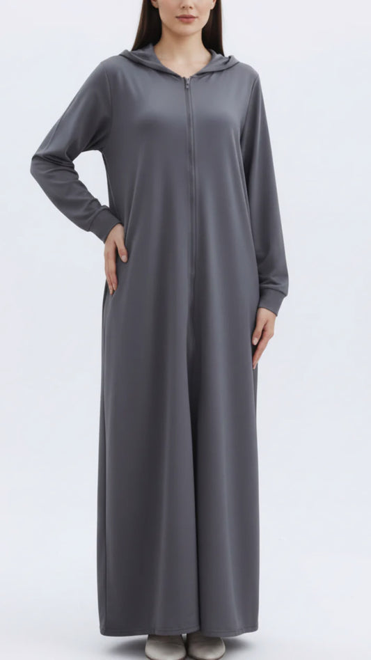 Gray Turkish Style Zipper Hoodie Abaya Dress