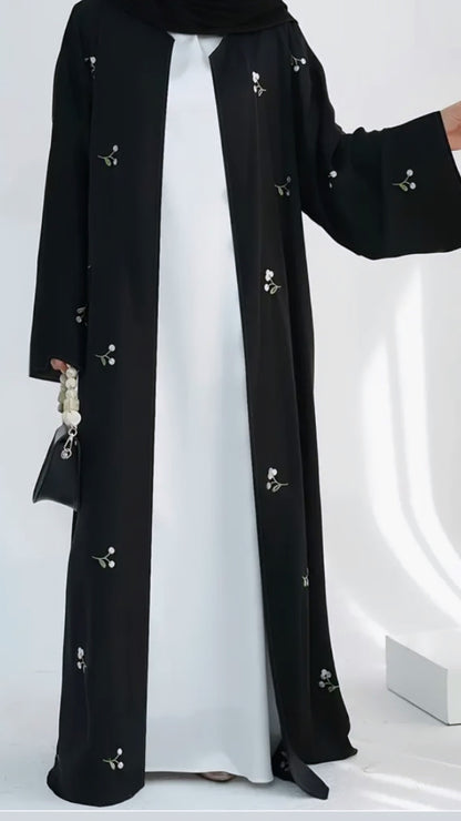 Floral Embroidered Open Abaya (With Attached Under Dress)
