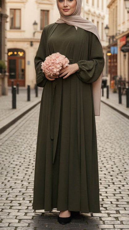 Olive 2-Piece Belted Crepe Abaya Dress