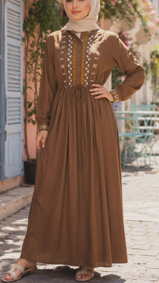 Elegant Embroidered Drawstring Dress