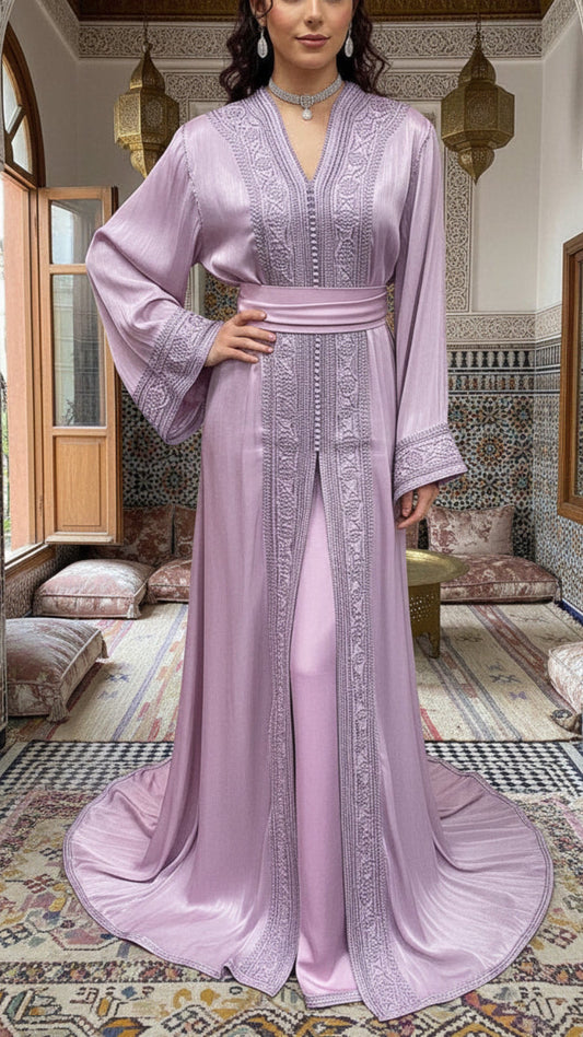 Moroccan Traditional Satin Chiffon 2 Piece Caftan