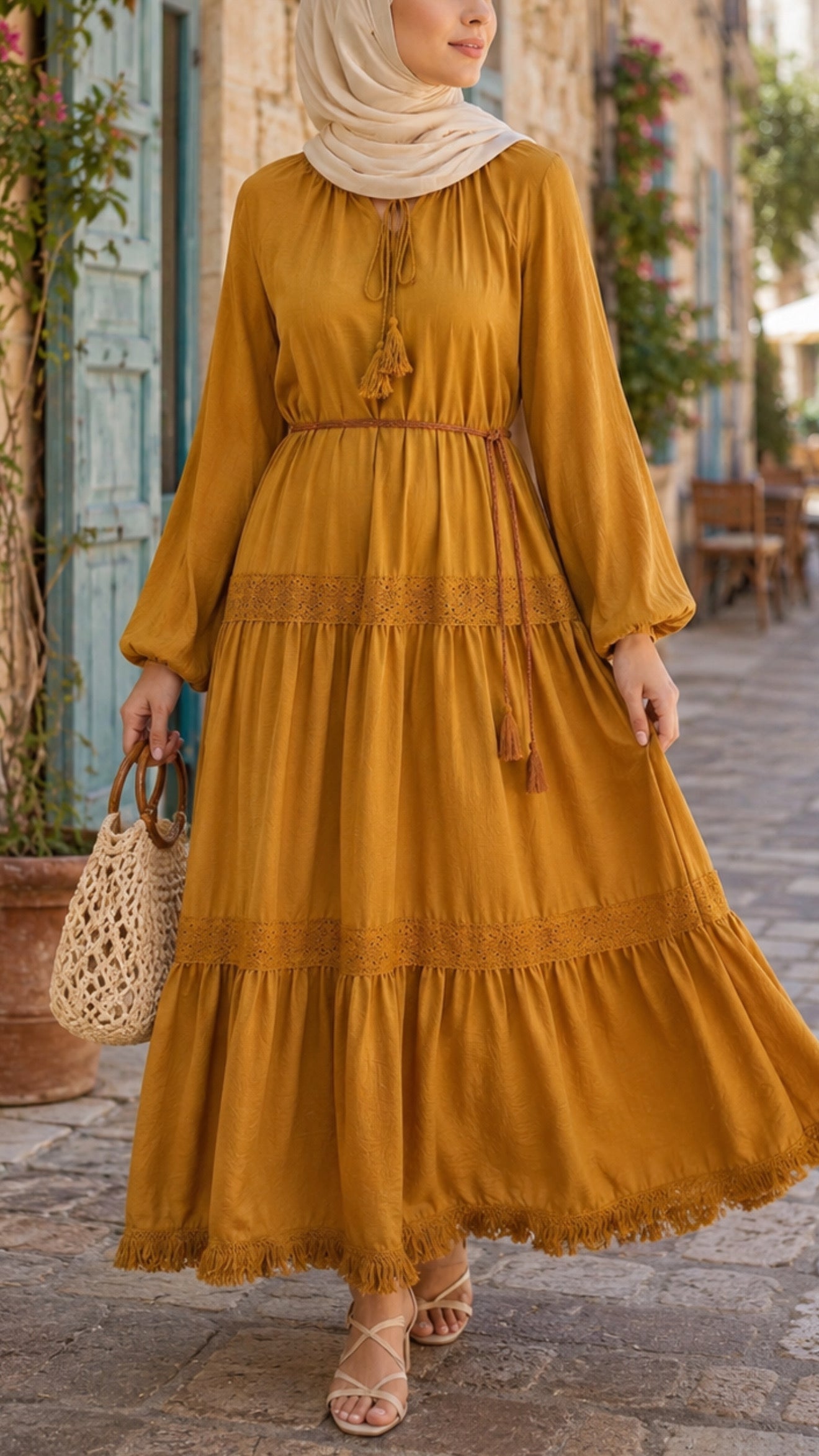 Summer Golden Bloom Cotton Lace Fringe Dress