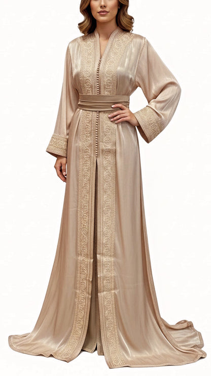 Moroccan Traditional Satin Chiffon 2 Piece Caftan