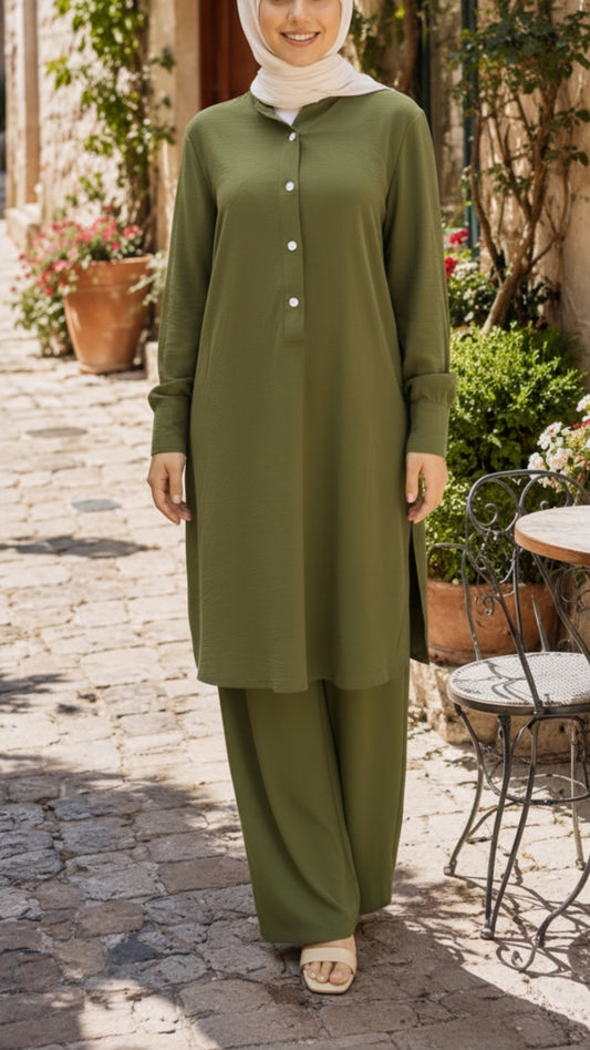 Green Minimalist Button Detail Pant Suit