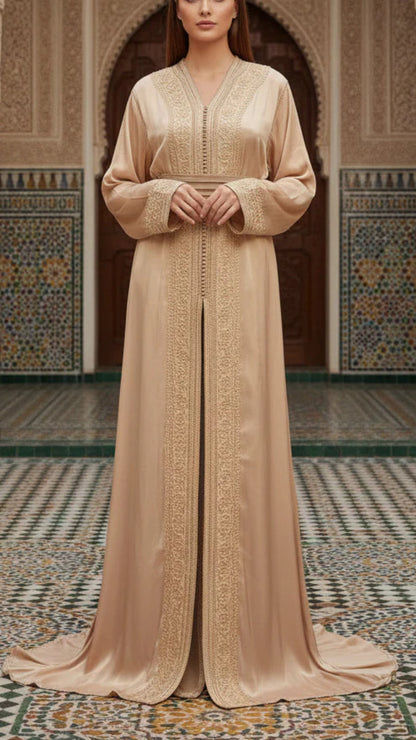 Moroccan Traditional Satin Chiffon 2 Piece Caftan