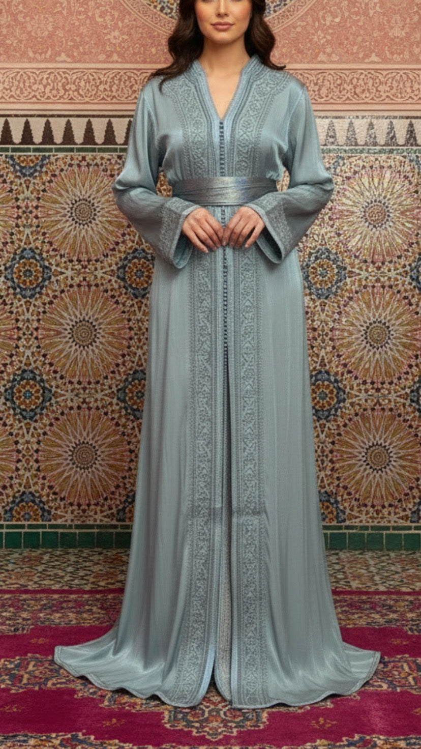 Moroccan Traditional Satin Chiffon 2 Piece Caftan