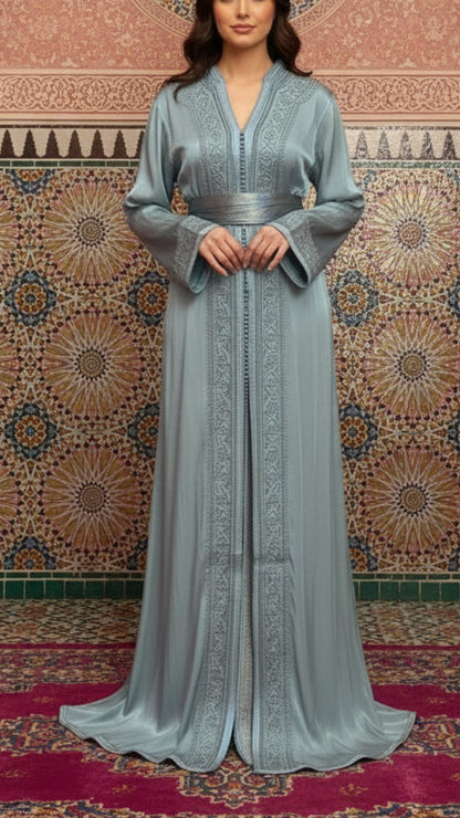 Moroccan Traditional Satin Chiffon 2 Piece Caftan