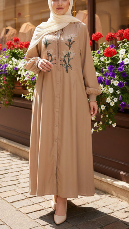 Beige Embroidered Floral Button-Down Versatile Dress & Long Tunic