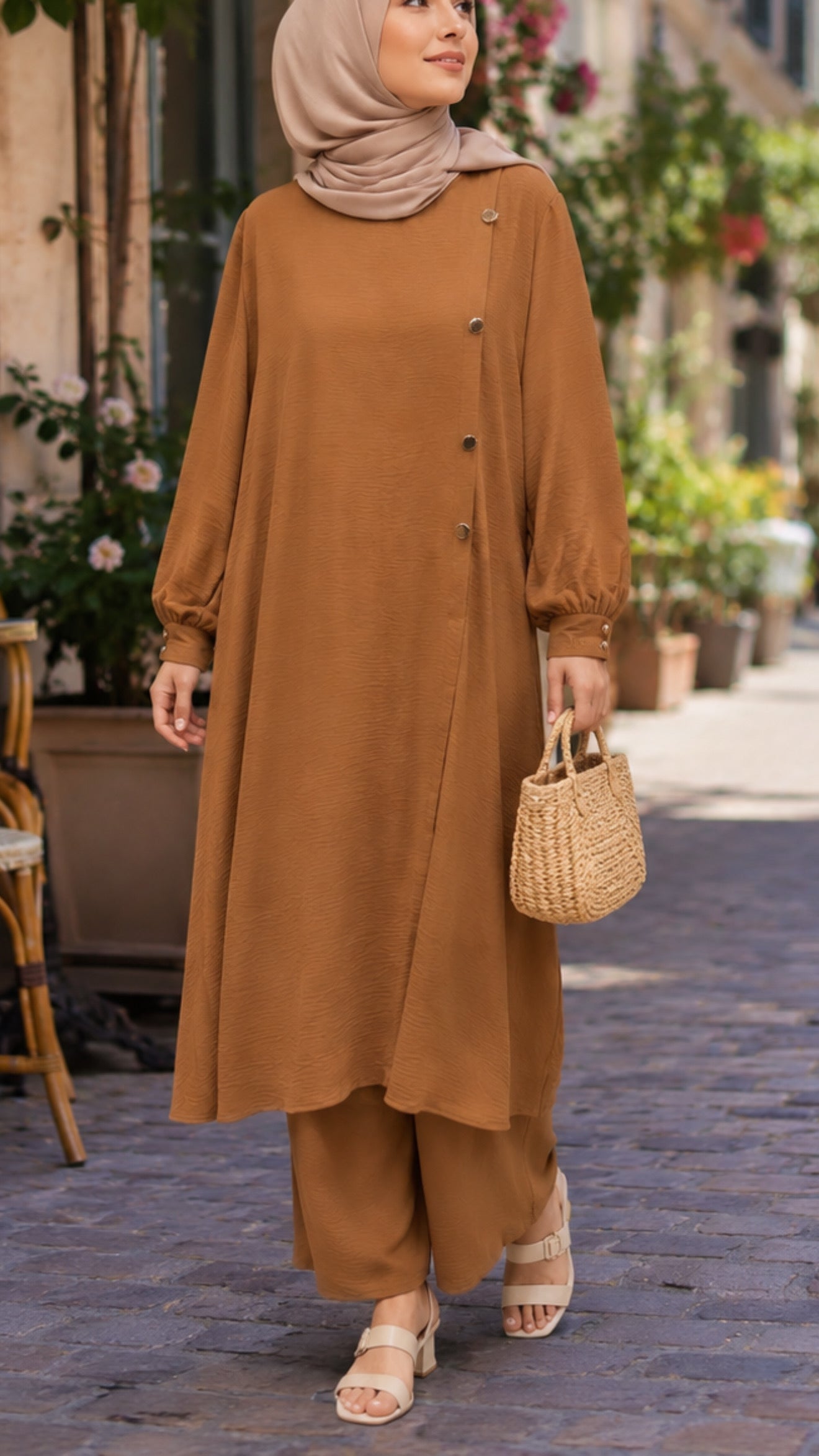 Camel Minimalist Button Detail Pant Suit