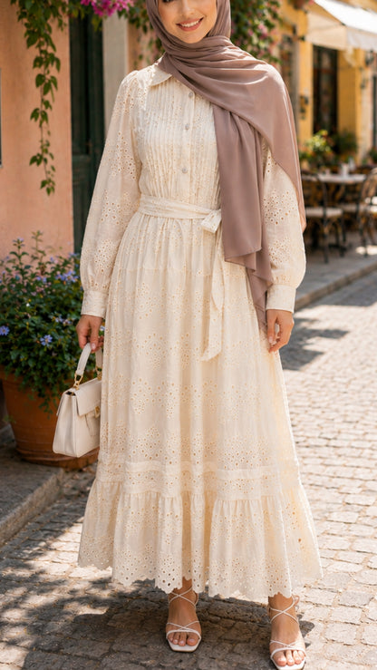 Elegant Cotton Cream Eyelet Button Down Dress