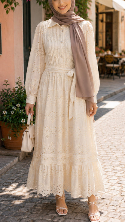 Elegant Cotton Cream Eyelet Button Down Dress