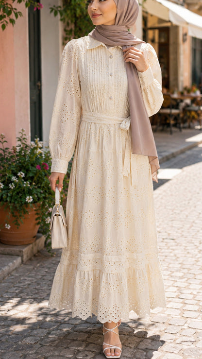 Elegant Cotton Cream Eyelet Button Down Dress