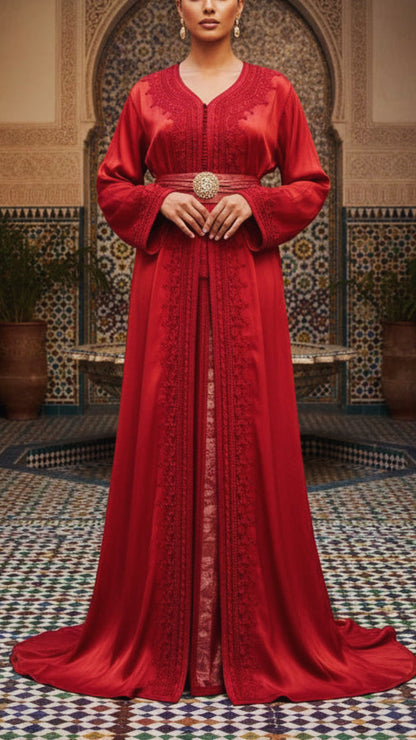 Moroccan Traditional Satin Chiffon 2 Piece Caftan