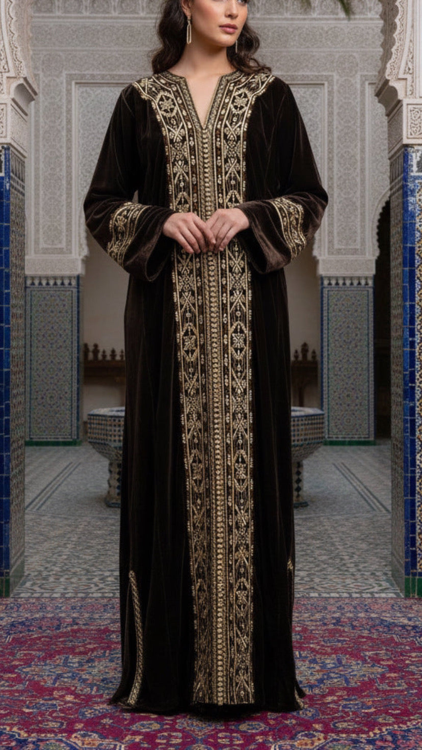 Moroccan Traditional Velvet Caftan Brown