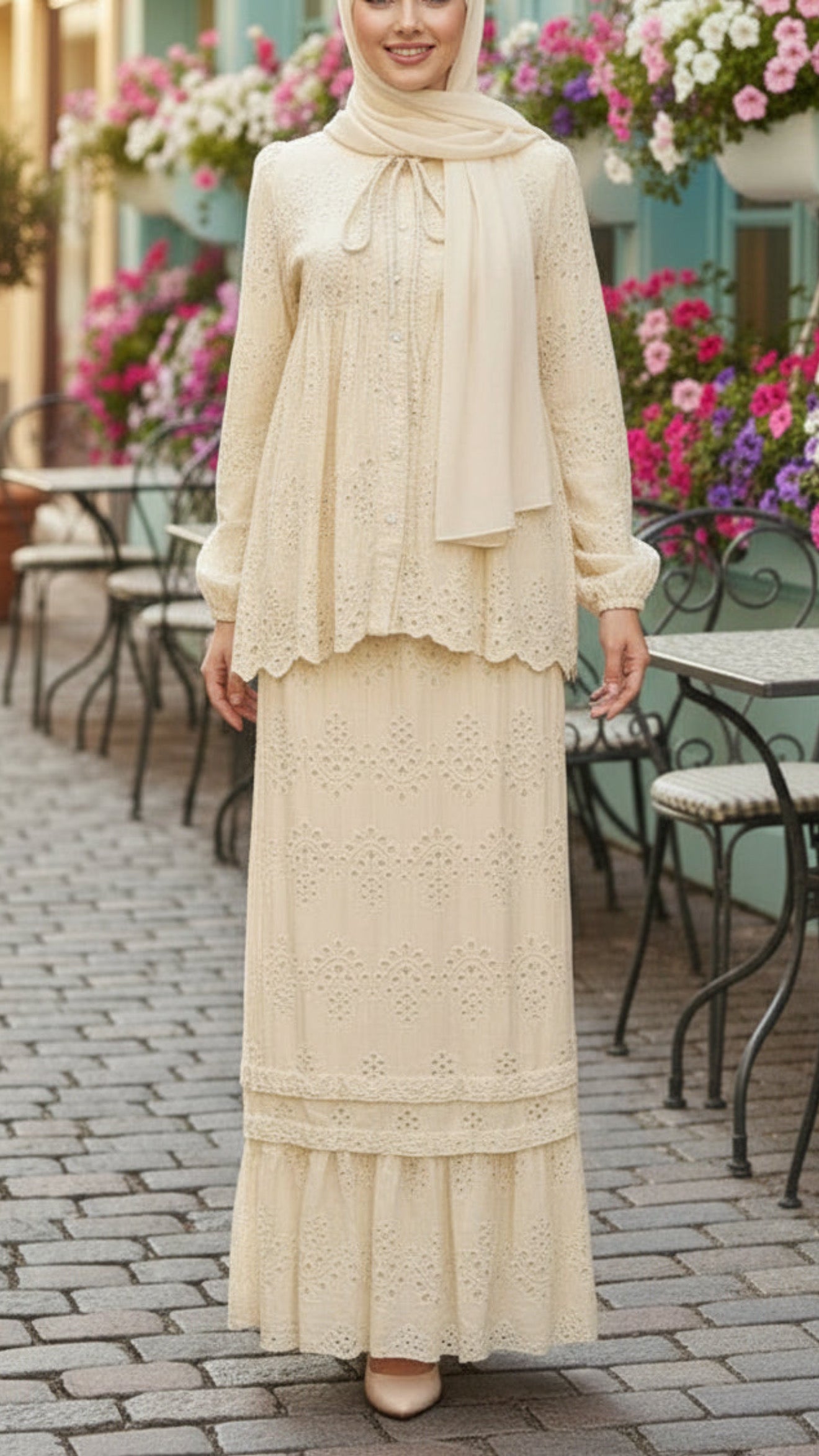 Elegant Cotton Cream Eyelet Button Down Skirt Set