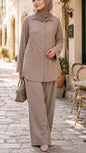 Mauve Taupe Button Down Embellished Pant Suit