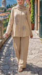 Beige Button Down Embellished Pant Suit