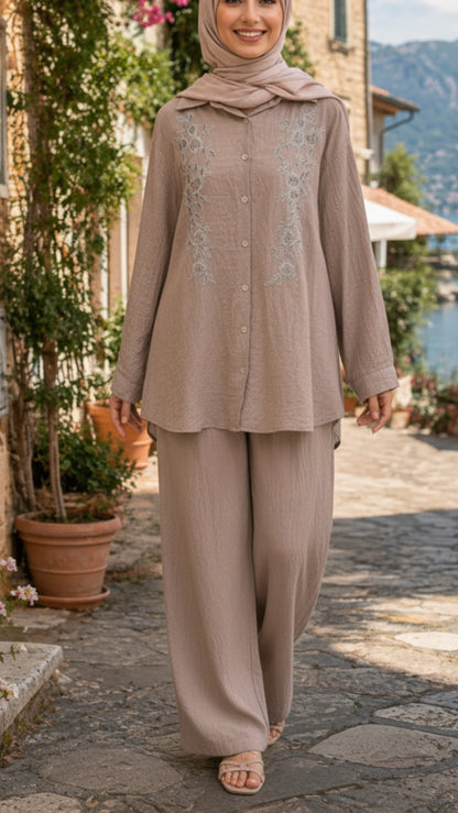 Mauve Taupe Button Down Embroidered Pant Suit
