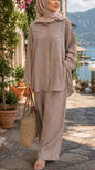 Mauve Taupe Button Down Embroidered Pant Suit