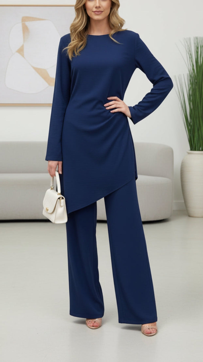 Crepe Asymmetrical Navy Pant Suit