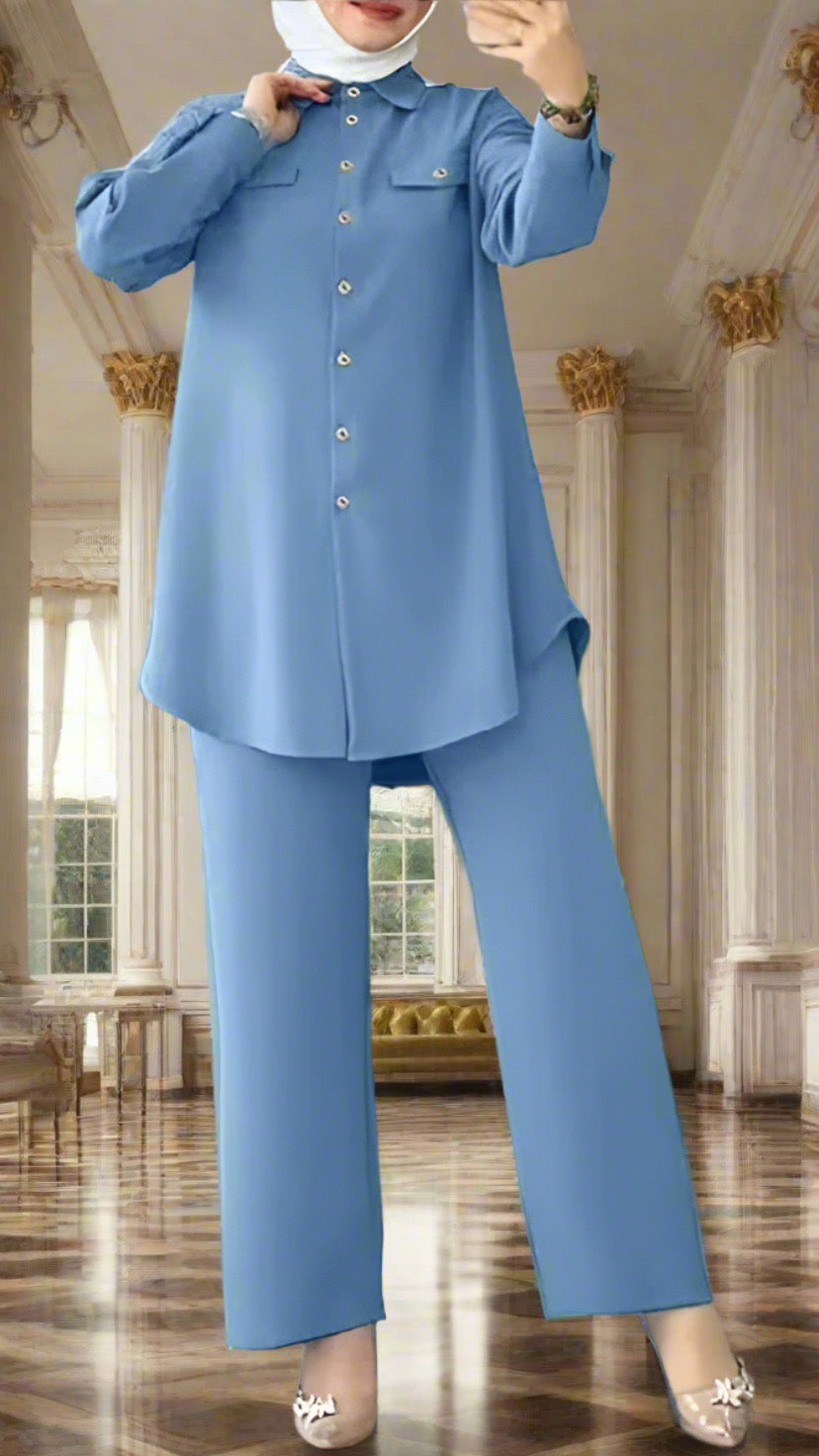 Turkish Style Button Down Crepe Pant Suits