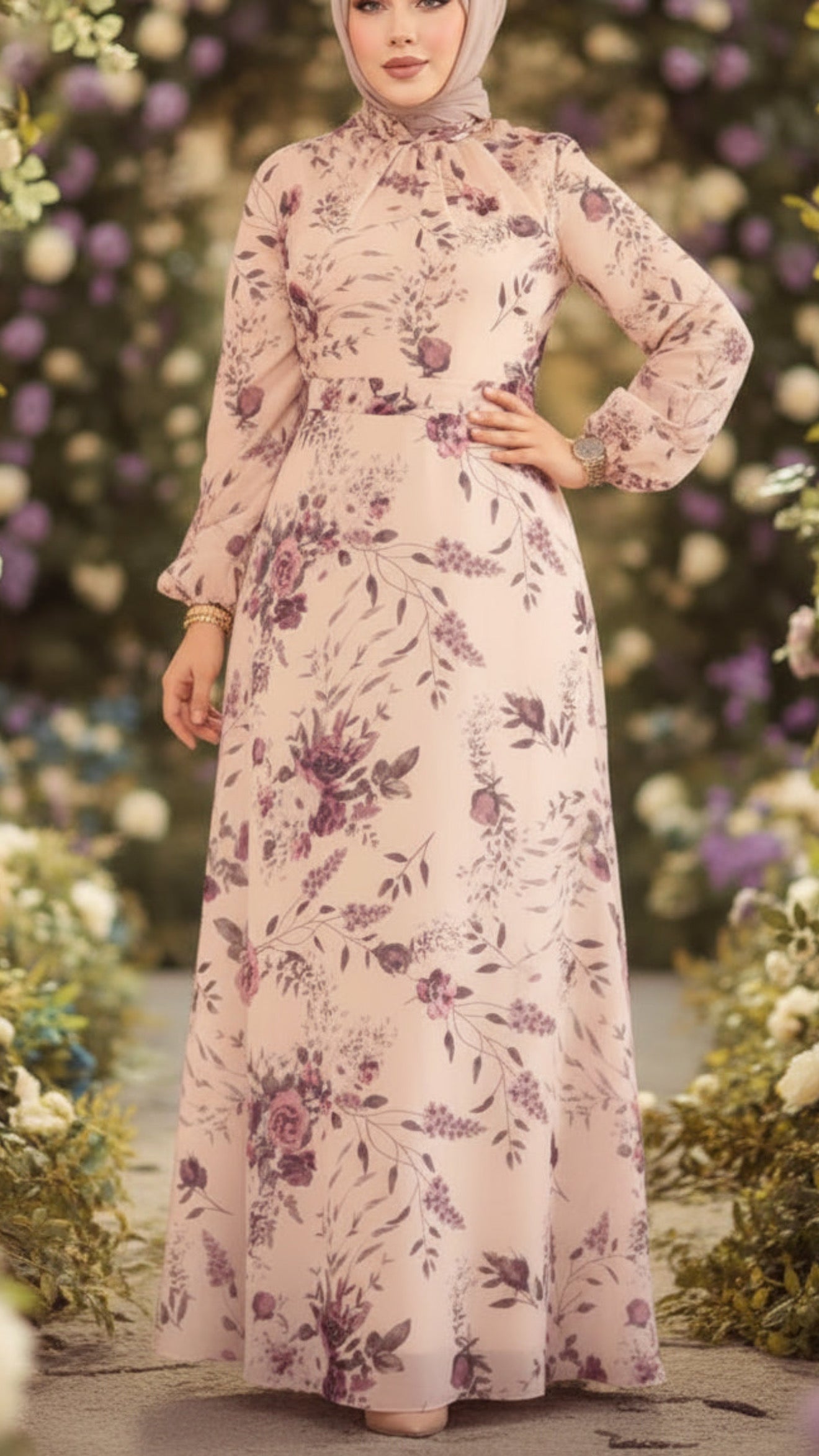Turkish Floral Rose Chiffon Dress