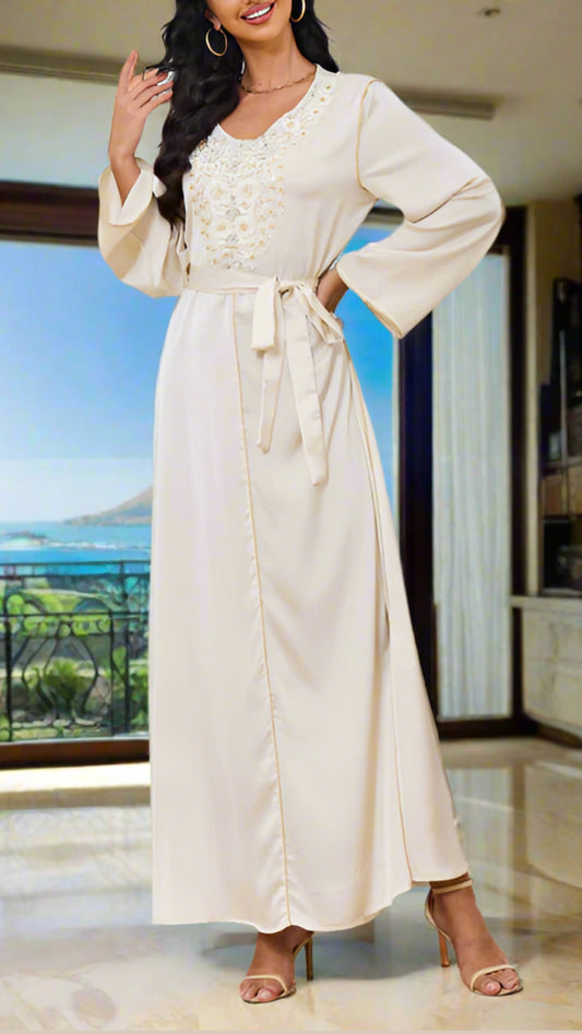 Dubai Style Beaded Cream Abaya Dress