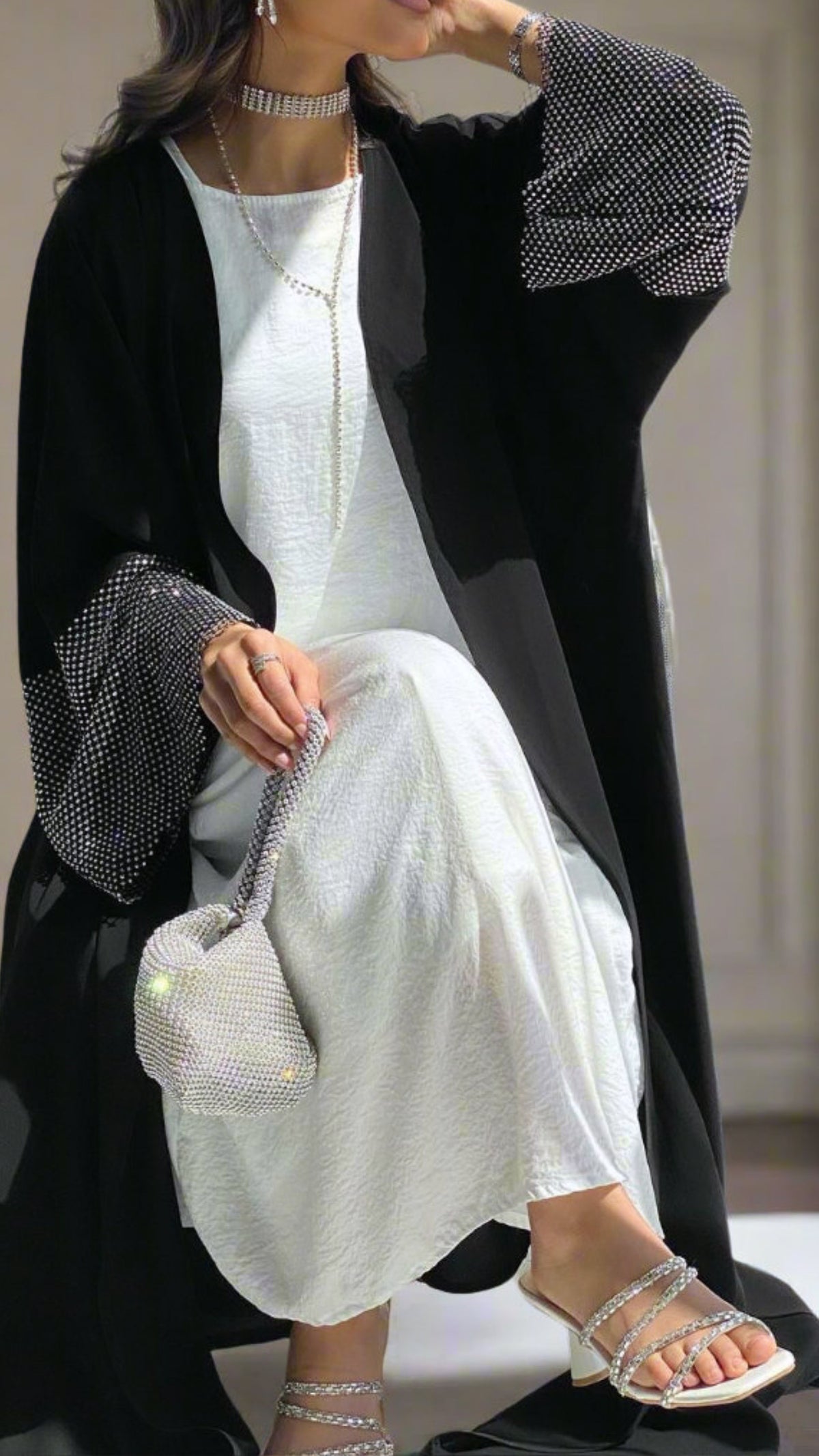 Black Diamond Net Sleeved Open Abaya