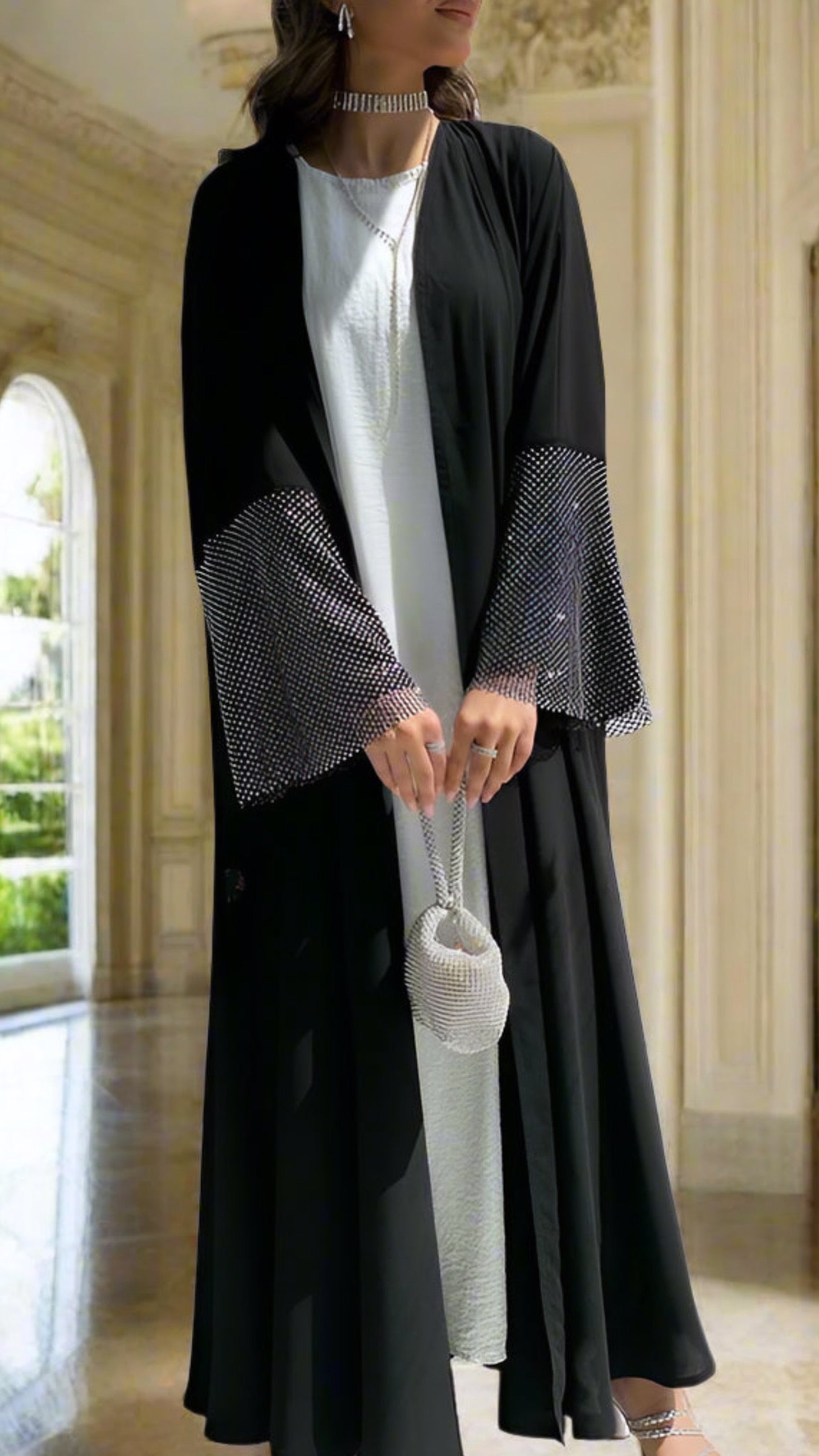 Black Diamond Net Sleeved Open Abaya