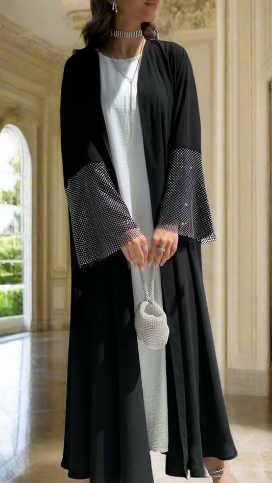 Black Diamond Net Sleeved Open Abaya