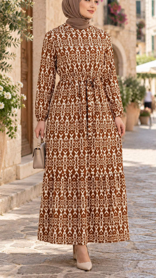 Golden Brown Damask Print Dress