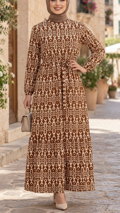 Golden Brown Damask Print Dress