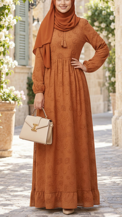 Burnt Orange Embroidered Tassel Dress
