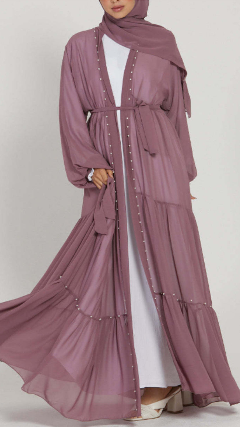 Pearl Embroidered Layered Chiffon Open Abaya Dresses(Multi Colors)