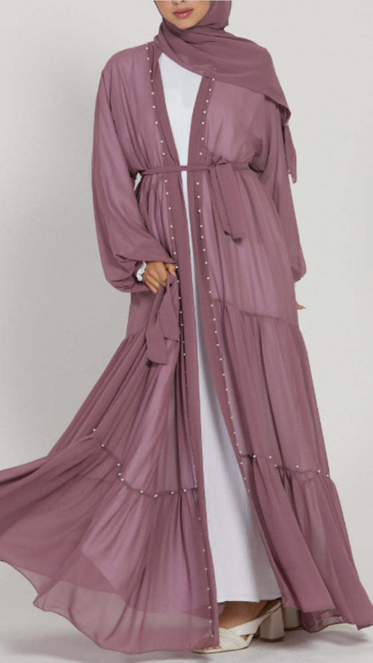 Pearl Embroidered Layered Chiffon Open Abaya Dresses(Multi Colors)
