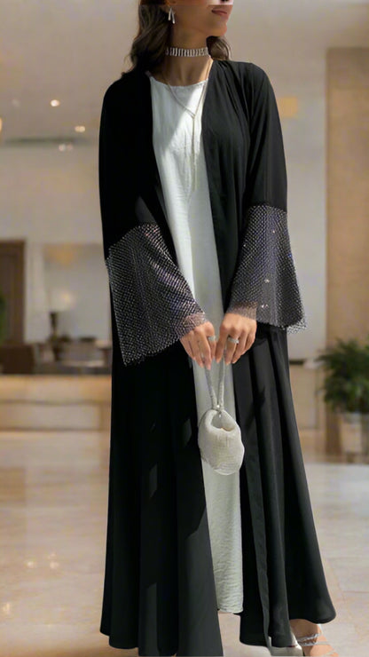 Dubai Style Exclusive Super Black Nida Diamond Net Open Abaya Kimono