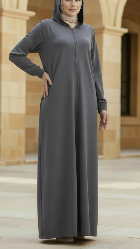 Gray Zipper Hoodie Style Abaya Dress