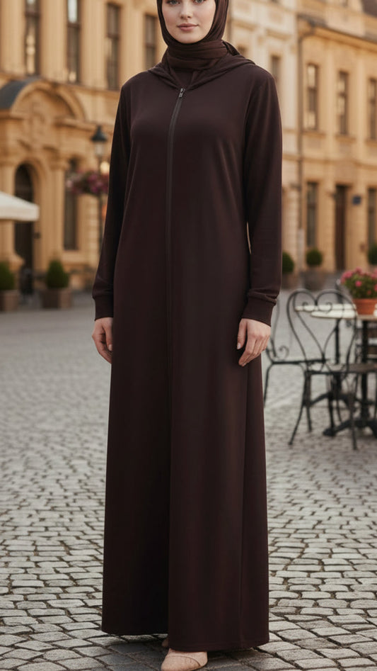 Brown Zipper Hoodie Style Abaya Dress