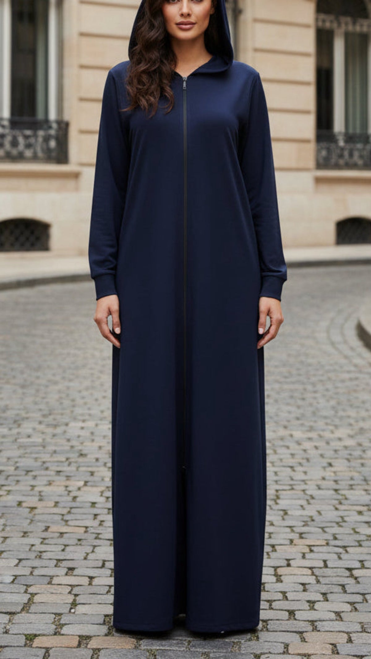 Navy Zipper Hoodie Style Abaya Dress
