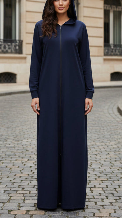 Navy Zipper Hoodie Style Abaya Dress