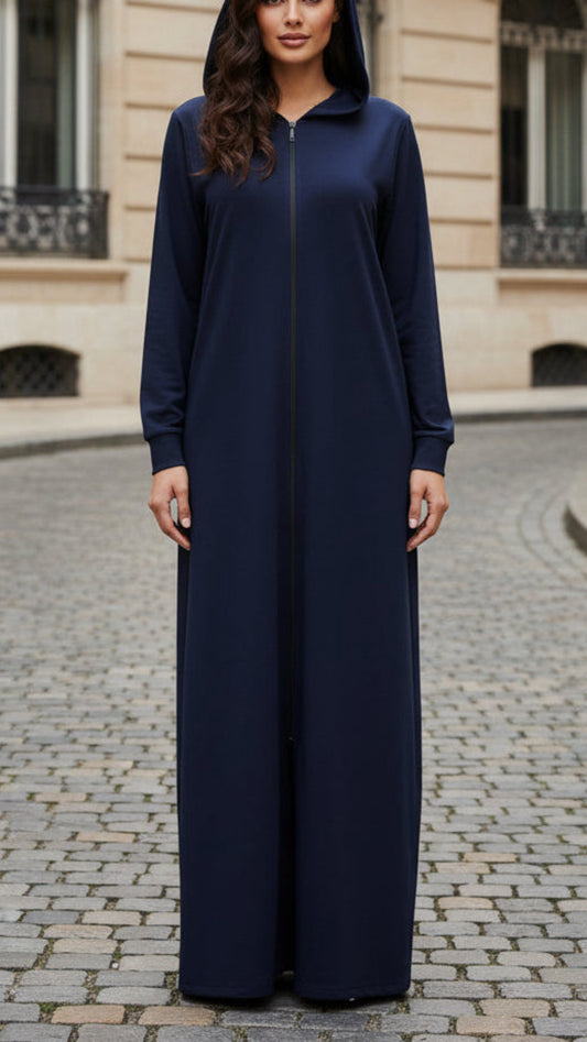 Navy Zipper Hoodie Style Abaya Dress